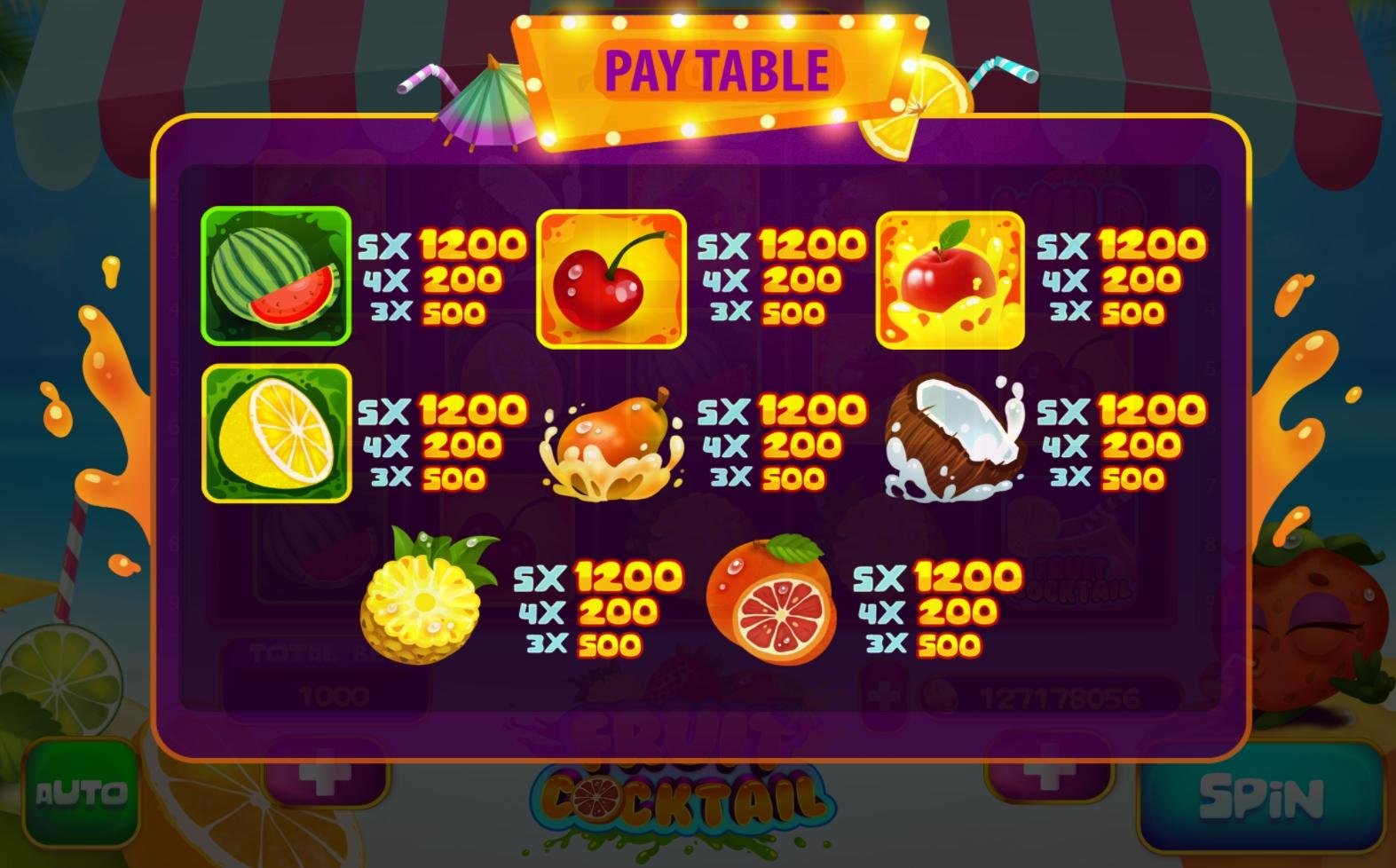 Fruit Cocktail Slots Paytable